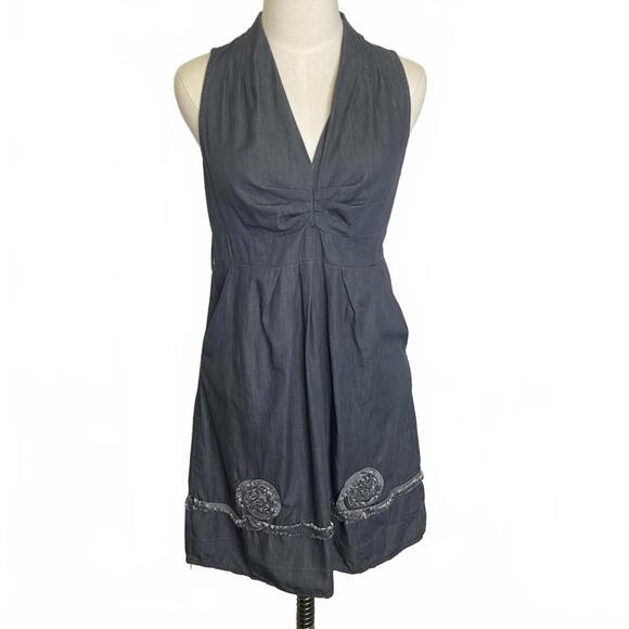 Mustard Seed Women's Large Denim Blue Halter Style Embroidered Knee Length Dress - Picture 1 of 14